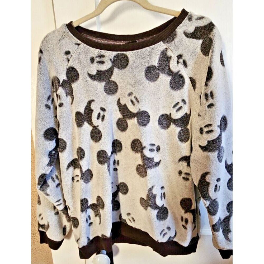 Disney Women Sz Large Mickey‎ Mouse imprint head plush Grey black Top pullover